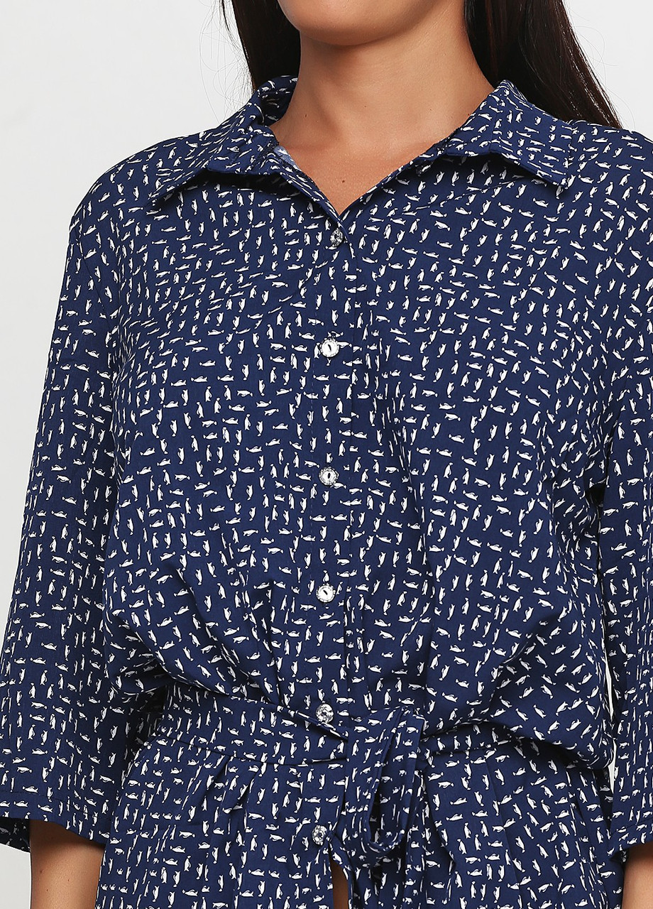 Рубашка, Блузка с коротким рукавом свободного покроя с поясом (тёмно-синий) - фото 3 - id-p738531268