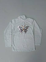 Белая ажурная кофточка-стойка с паетками, длинными рукавами для девочки в школу 9-12 лет