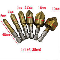 Набір зенкерів 6 шт. 6 мм-19 мм 1/4 "Шестигранным хвостовиком