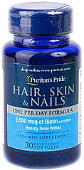Puritan's Pride Hair, Skin & Nails One Per Day Formula, Волосся, шкіра та нігті (30 капс.)