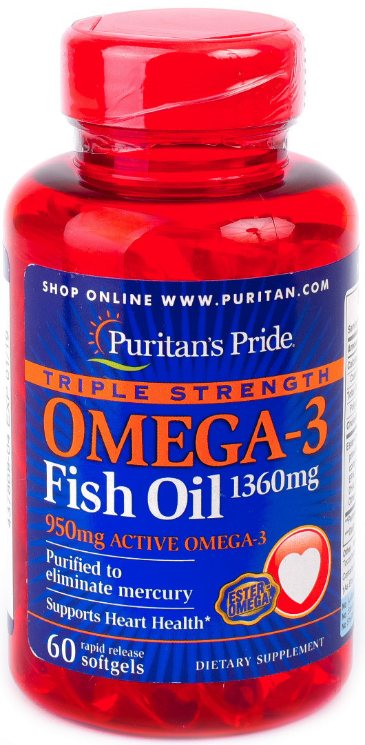 Puritan's Pride Omega-3 Fish Oil, Рыбий жир, Triple Strength 1360 mg (950 mg Active Omega-3) (60 капс.)