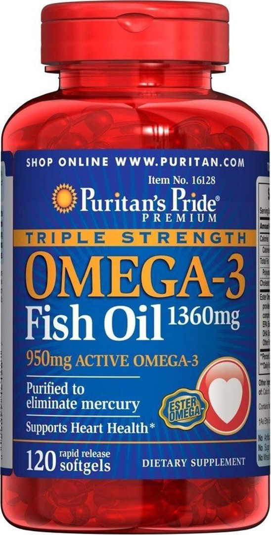 Puritan's Pride Omega-3 Fish Oil, Рыбий жир, Triple Strength 1360 mg (950 mg Active Omega-3) (120 капс.)