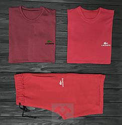 Чоловічий комплект дві футболки + шорти Lacoste червоного кольору (люкс) S