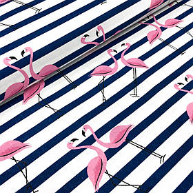 Польська бавовняна тканина "рожеві фламінго з темно синіми смужками на білому"