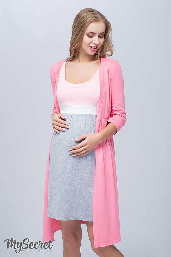 Комплект для беременных и кормящих (халат+ночная сорочка), розовый с серым, размер М - фото 1 - id-p739725536