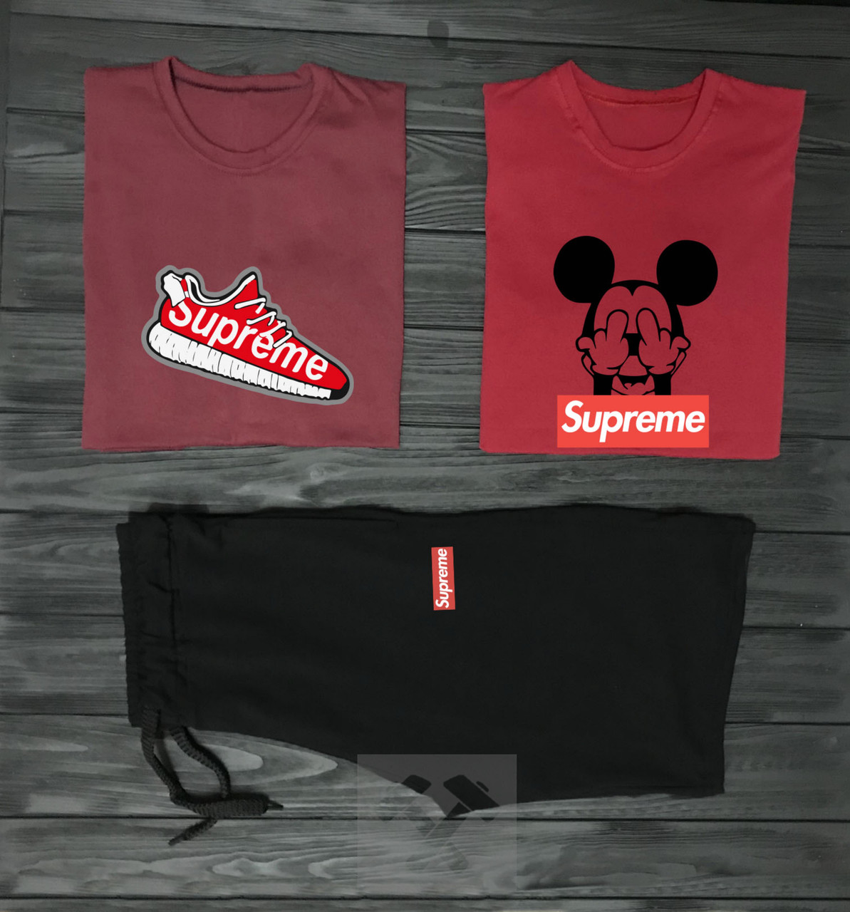 Чоловічий комплект дві футболки + шорти Supreme червоного і чорного кольору (люкс) S