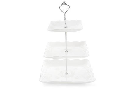 Етажерка порцелянова триярусна квадратна Мереживо 37 см, колір — білий (988-139), фото 1