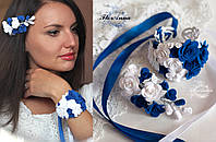 Комплект прикрас "Біло-сині троянди" (заколка/гілочка+ браслет)