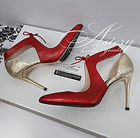 Женские красно-золотистые кожаные туфли на шпильке
