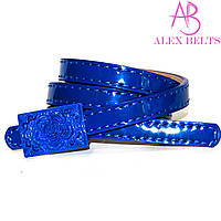 Ремінь жіночий вузький замінник гвоздик синій лак 15 мм — купити гуртом в Одесі