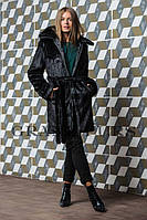 Шуба жіноча зимова з поясом і капюшоном під норку - 140P чорна