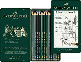 Набір чорнографітних олівців Faber-Castell CASTELL® 9000 в металевій коробці 12 шт різних тв. (5В -5Н), 119064