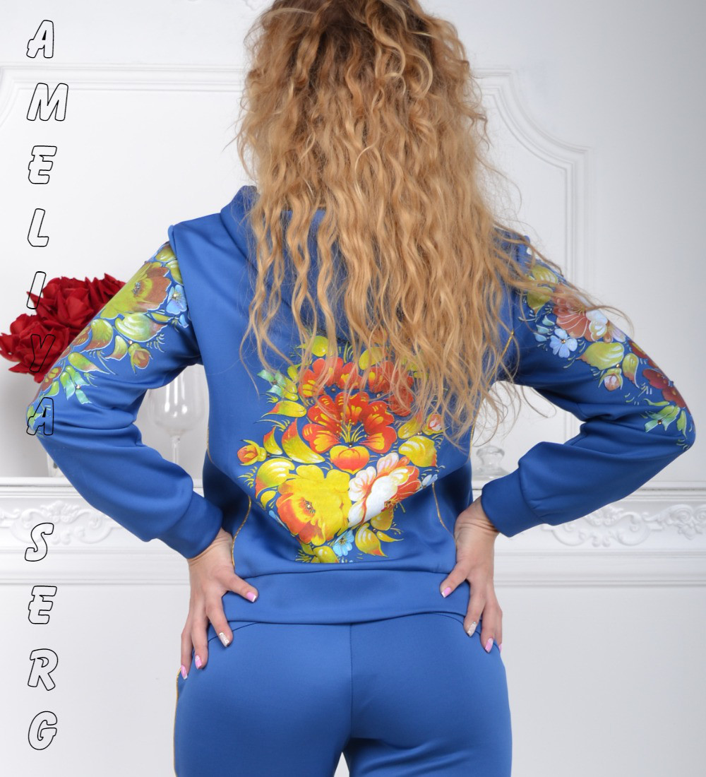 Стильный спортивный костюм женский Турция однотоный на змейке синий - фото 5 - id-p262187624