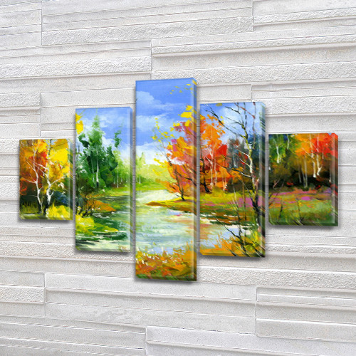 Модульна картина Осінній пейзаж на Полотні сін., 65x100 см, (25x18-2/45х18-2/80x18)