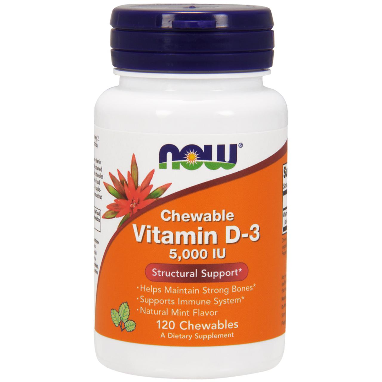 Вітамін Д3, Vitamin D-3, Now Foods, м'ята, 5000 МО, 120 жувальних таблеток