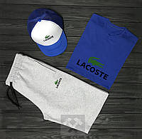 Мужской костюм тройка кепка футболка и шорты Лакост (Lacoste), летний мужской костюм, S