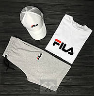 Мужской костюм тройка кепка футболка и шорты Фила (Fila), летний мужской костюм, S