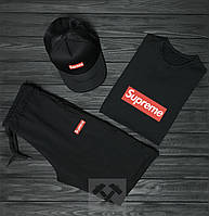 Мужской костюм тройка кепка футболка и шорты Суприм (Supreme), летний мужской костюм, S