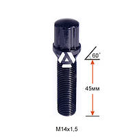 Болт колесный шлицевой A174177SD BA Cr M14х1,5х45мм Конус для узких отверстий в диске Черный Хром Ключ-Адаптер