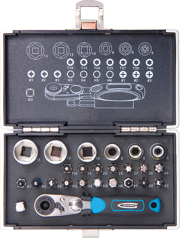 Набір біт і головок торцевих ,1/4", магнітний адаптер, сталь S2 пластиковий кейс, 26 предм.//GROSS