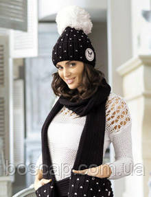 Зимовий молодіжний жіночий комплект шапка з шарфом Крапа, ТМ Kamea, колір чорний з білим, розмір 55-57