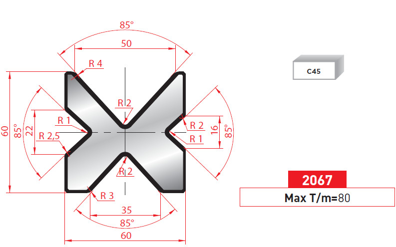 Матрица 4V DIE 2067 60x60mm V=16-22-35-50/85°L=805 секц.