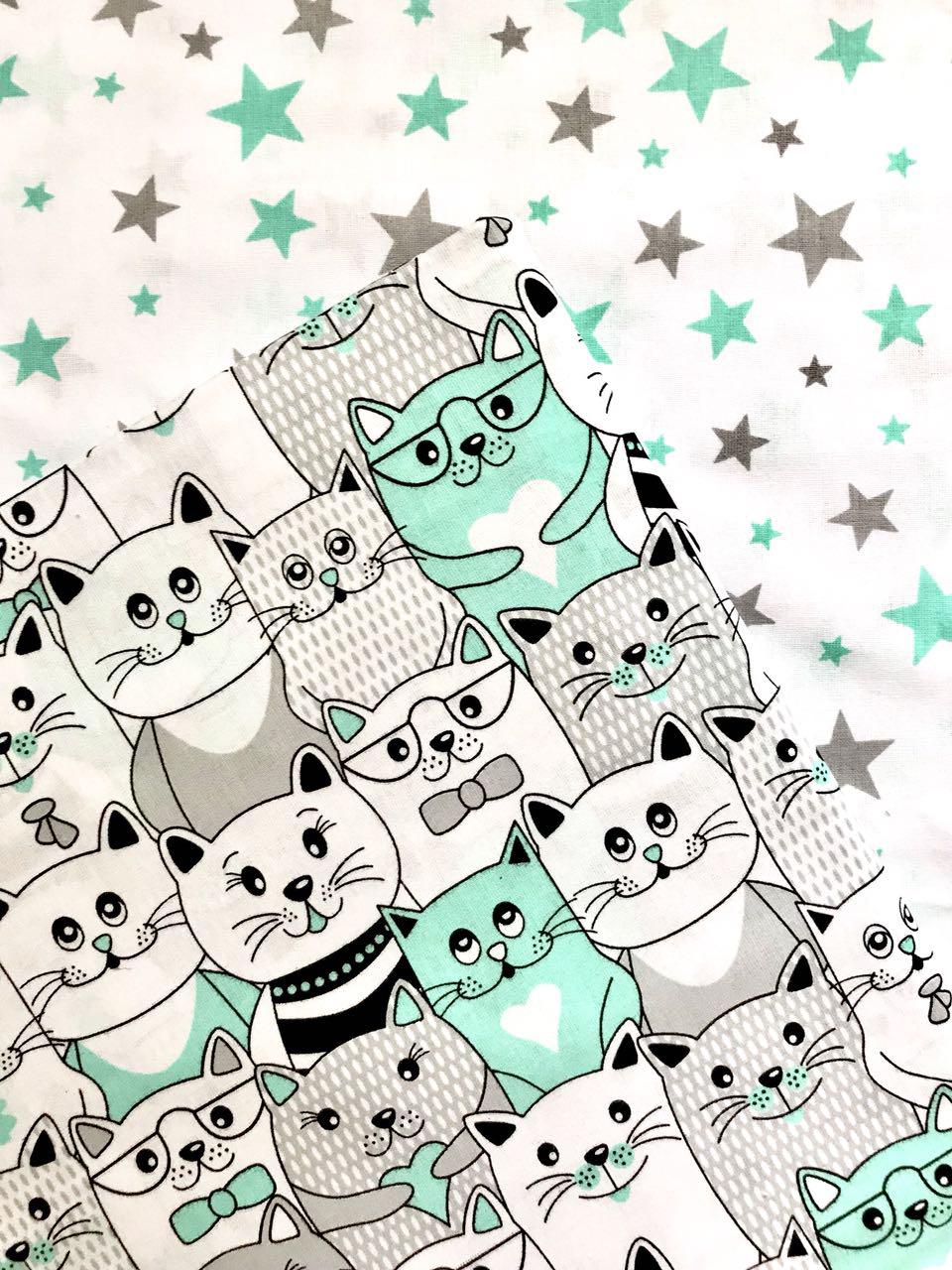 Дитяча постільна білизна "Котики із зірками" м'ятна (100% бавовна), фото 1