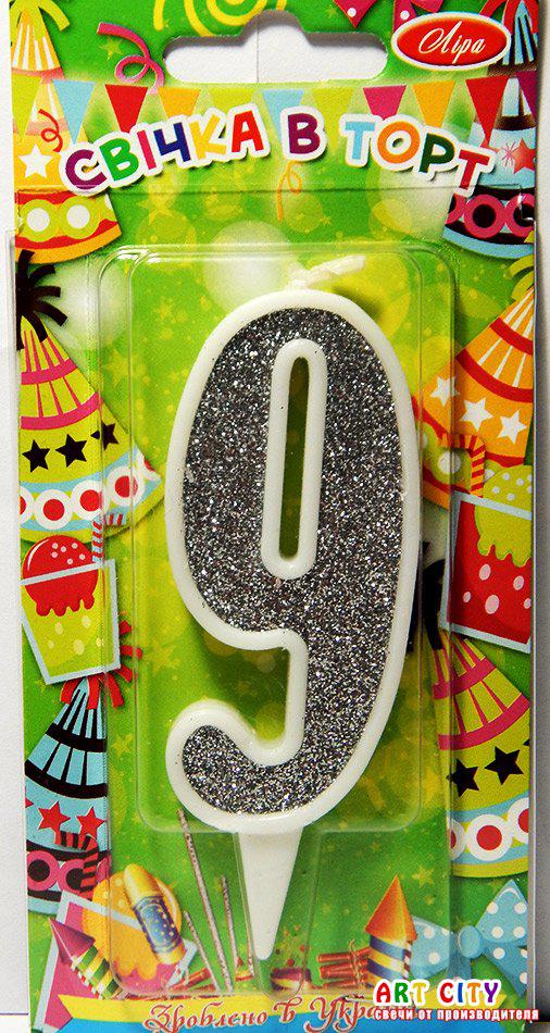 Свічка цифра в торт срібло з білою окантовкою - 9