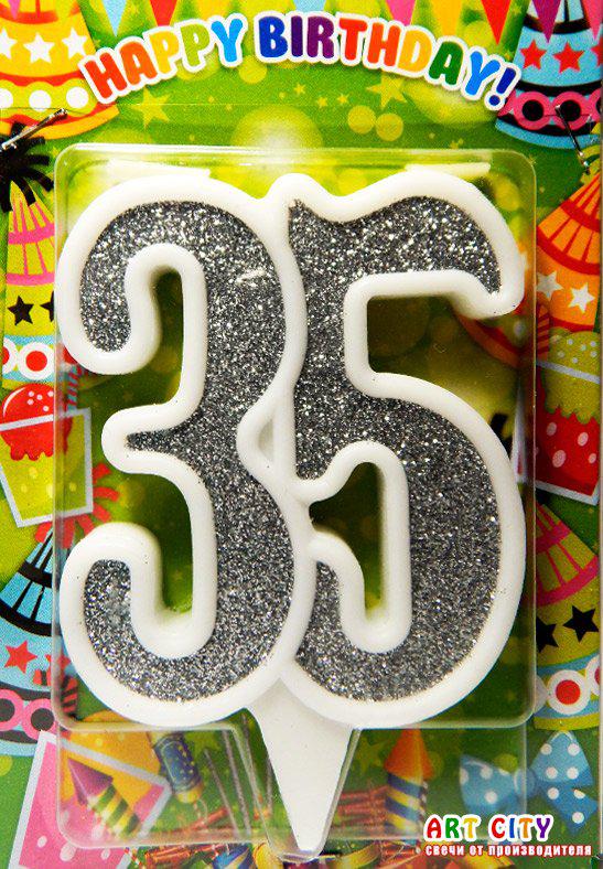 Свеча в торт на юбилей "Цифра 35" Серебро с белой окантовкой