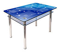 Стол обеденный КС-1 ножки хром 90х60 столешница стеклянная фотопечать Синяя абстракция (Антоник ТМ)