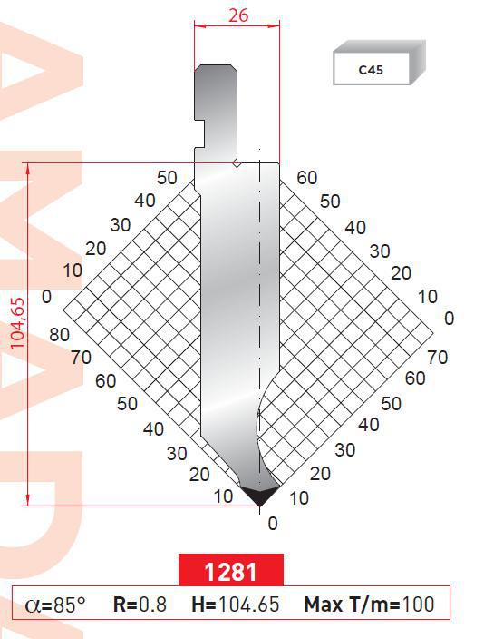 Пуансон 1281 H=104,65+30mm 85° R=0,8 L=805 секц.