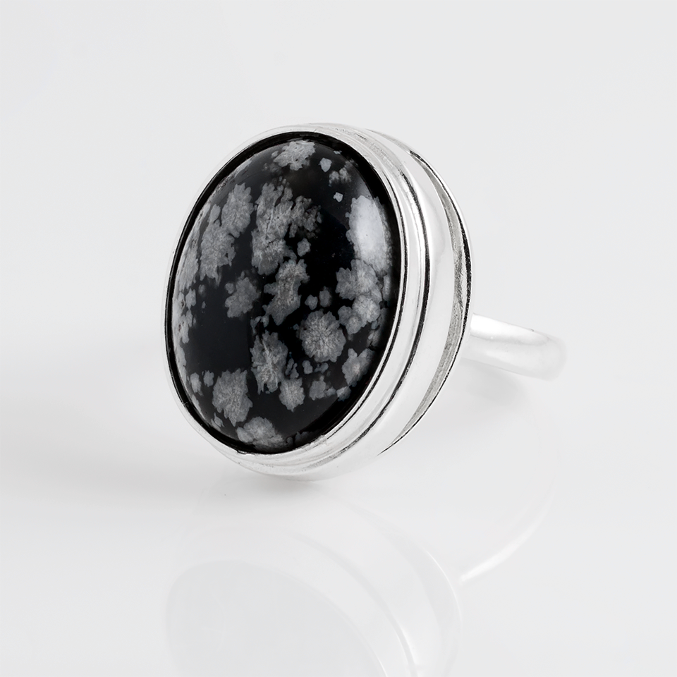 Обсидіан сніговий, 16*12 мм, срібло 925, кільце, 897КО