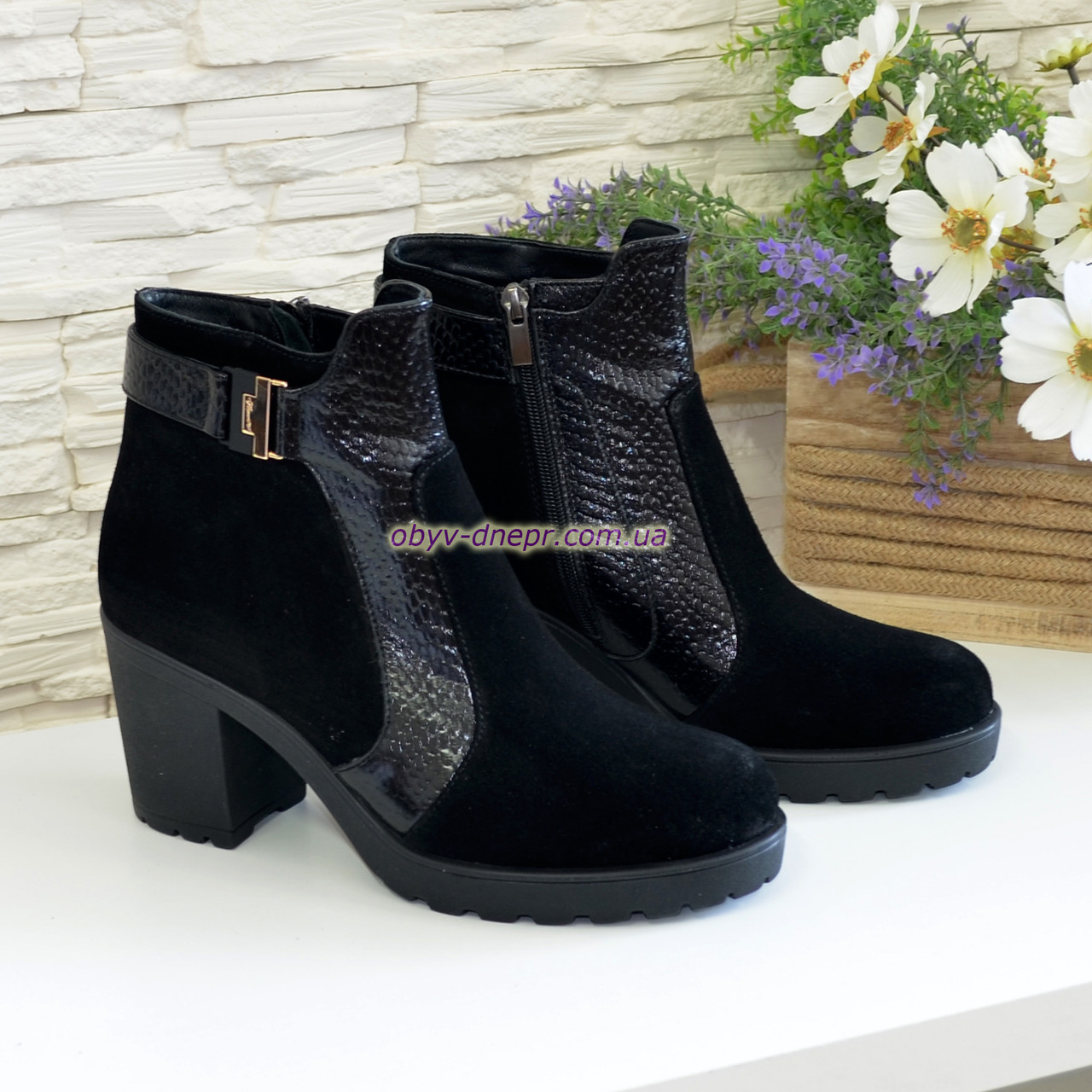 Черевики жіночі замшеві на широкому каблуці, фото 1