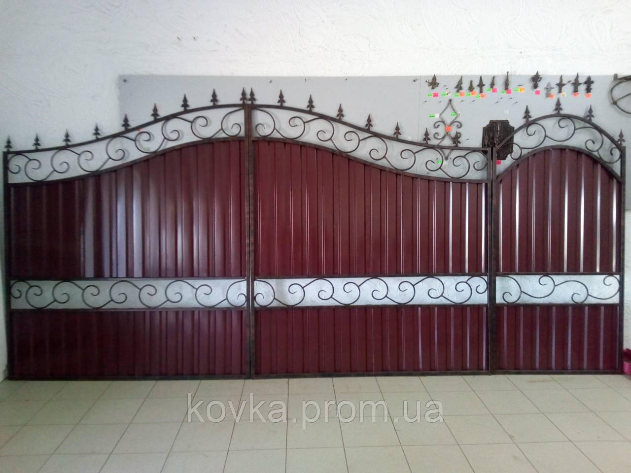 Распашные ворота с калиткой и профнастилом, код: Р-0104 - фото 3 - id-p598145518