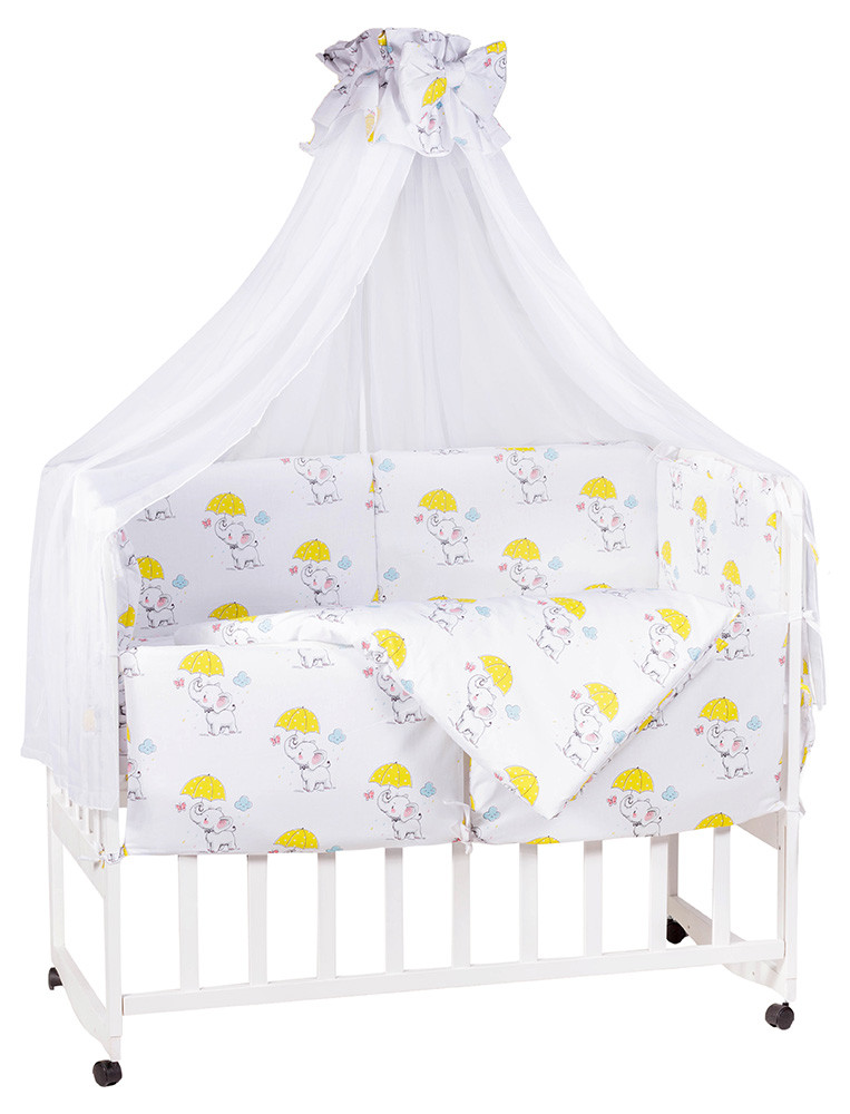 Дитяча постіль Babyroom Bortiki lux-08 білий слоники з жовтою парасолькою