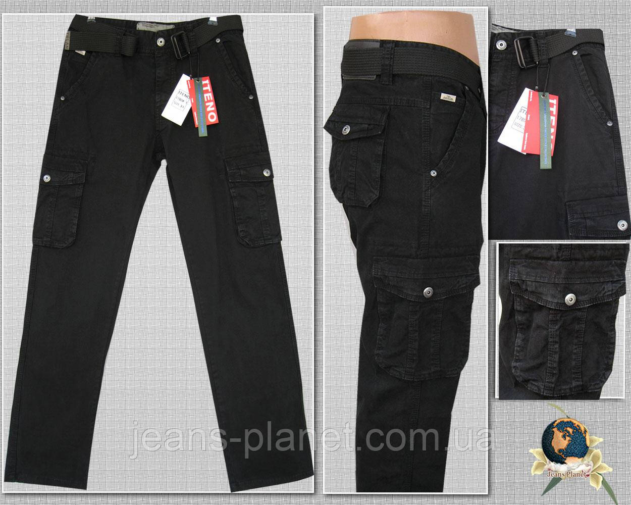 Джинси карго чоловічі літні ІTENO з накладними кишенями чорного кольору, фото 1