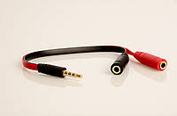 Перехідник 3.5 мм штекер 4 pin на 2 гнізда 3.5 мм (мікрофон + навушники), чорно/червоний