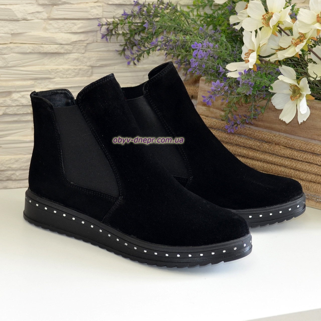 Жіночі чорні замшеві черевики, на низькому ходу, фото 1