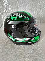 Шлем для скутера черный глянцевый с зелено-серыми узорами F2, размер M(56-57)