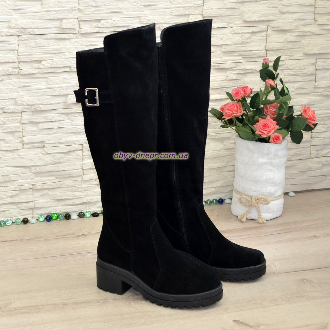 Чоботи чорні жіночі замшеві на стійкому каблуці, фото 1