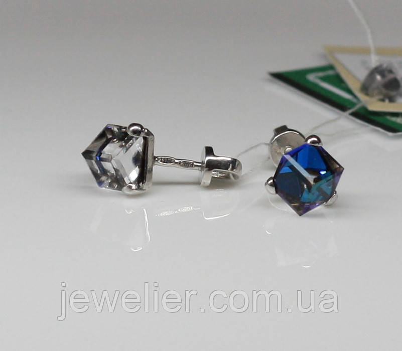 Сережки-пуссети срібні "Swarovski Куб Д6" Bermuda Blue - Океан родовані