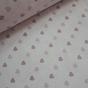 Тканина бавовняна бязь ніжно-рожеві і фіолетові серця на блідо-рожевому (шир. 2,2 м)