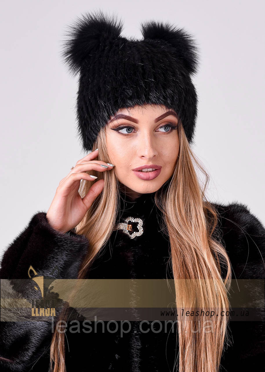 Жіноча хутряна шапка з вушками чорного кольору, фото 1