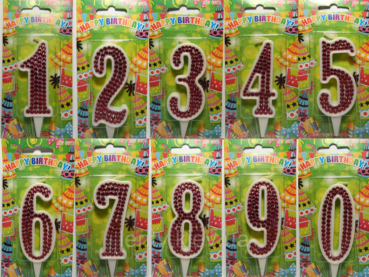 Свічка цифра в торт біла +стрази (колір Фукции)-