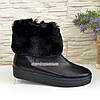 Черевики чорні жіночі шкіряні на товстій підошві, декоровані хутром, фото 2