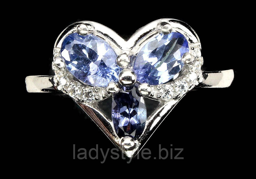 Срібне кільце з натуральними танзанітами "Любов" розмір 17,4, фото 1