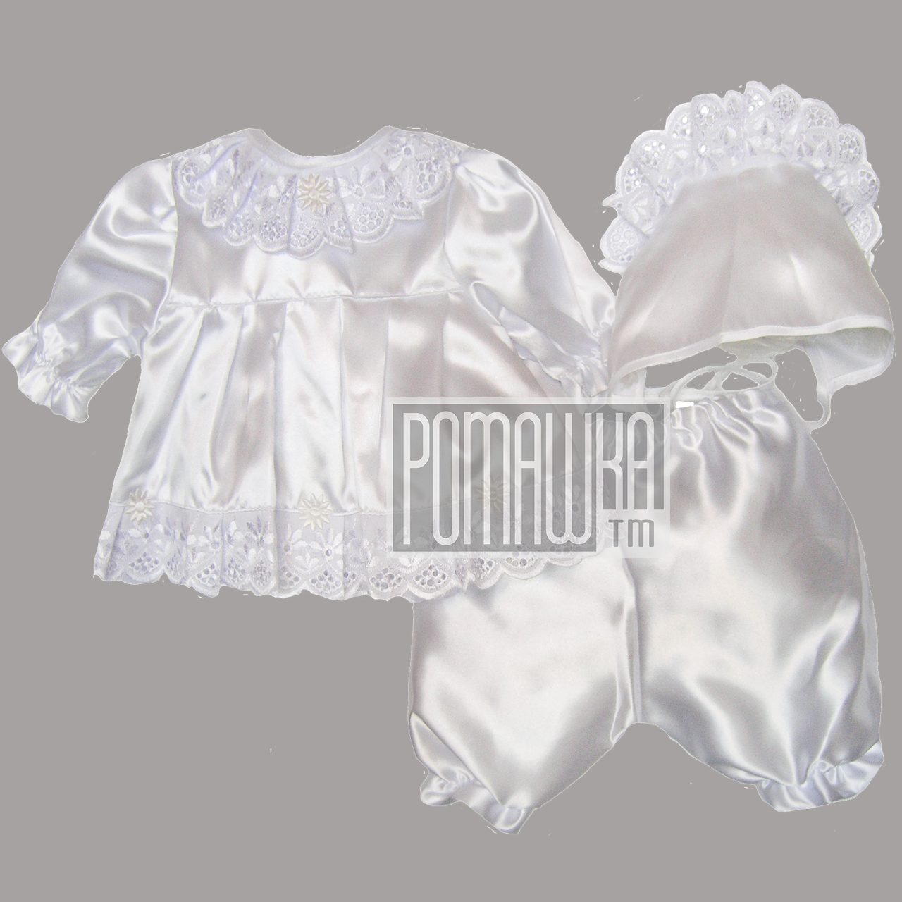 Крестильный костюмчик р. 62 (комплект на крещение) для девочки нарядный ткань АТЛАС 4304 Белый - фото 1 - id-p750495874