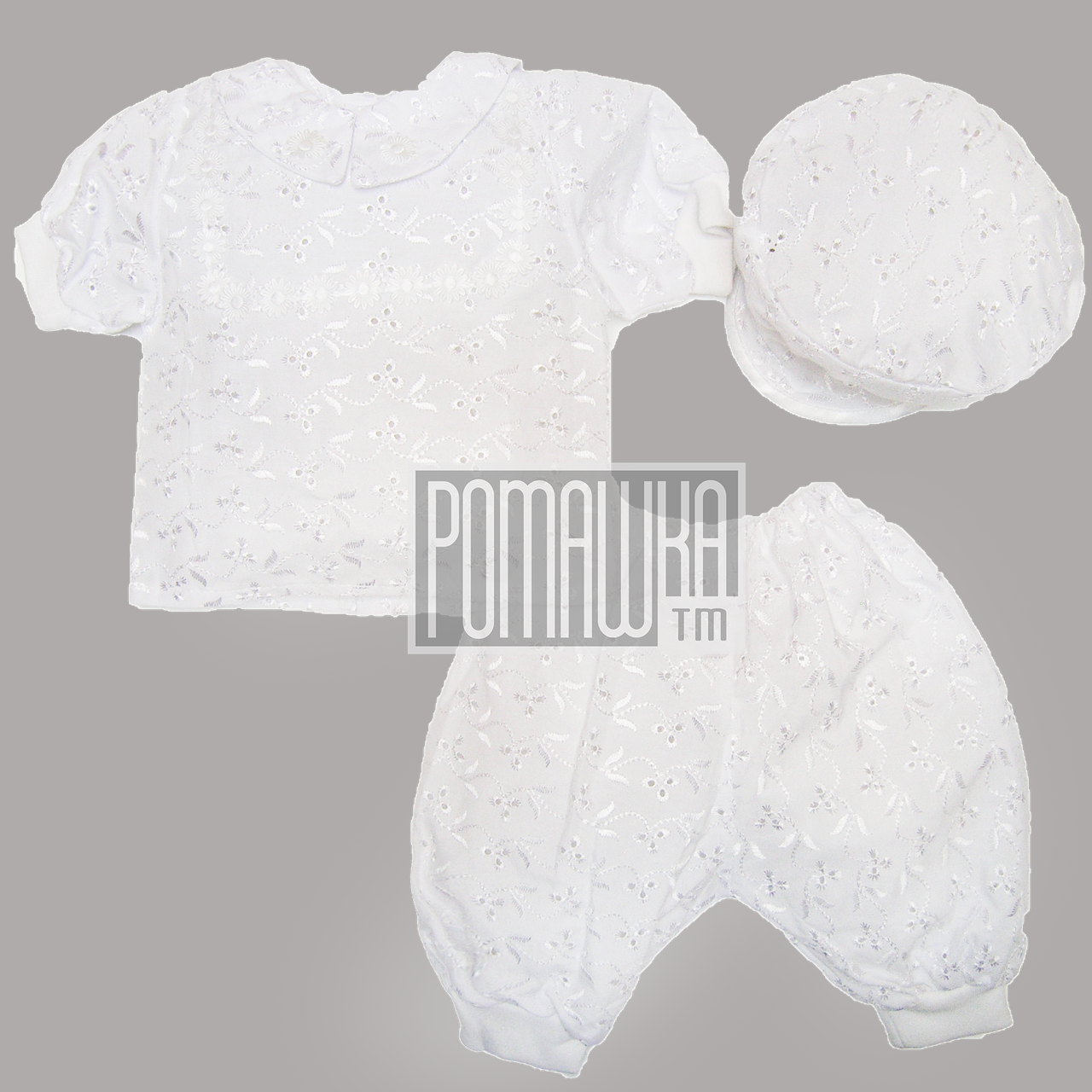 Літній хрестильний костюмчик р. 62 (комплект на водохреще) для дівчинки ошатний тканина БАВОВНА 4306 Білий