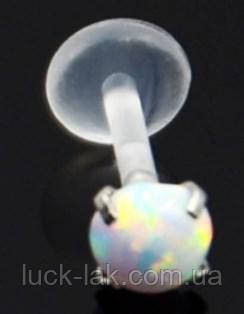 Лабрет, пірсинг біопласт з опалом біло-блакитним, ніжки 6, 8 і 10 мм, фото 1
