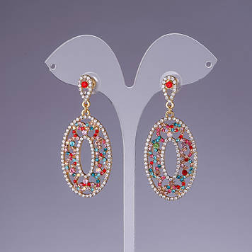 Безкоштовна доставка у подарунок! Сережки з різнокольоровими стразами L-5,5 см жовтий метал